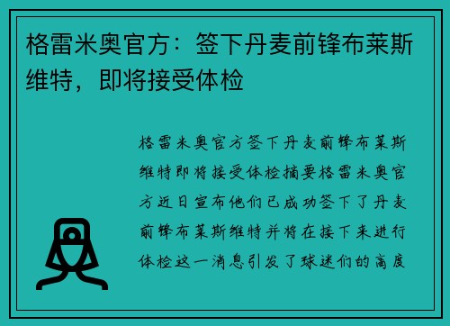 格雷米奥官方：签下丹麦前锋布莱斯维特，即将接受体检